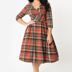 Hell Bunny 1950s Style Orange and Green Tartan swing dress